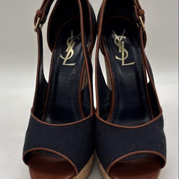 Yves Saint Laurent Shoes - Yves Saint Laurent Navy Canvas Cork Platform Wedge Heels – Women’s Size 7